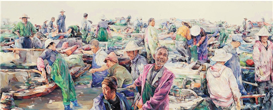 林贤 赶海归来(局部) 水彩画 150×1000cm 2016年